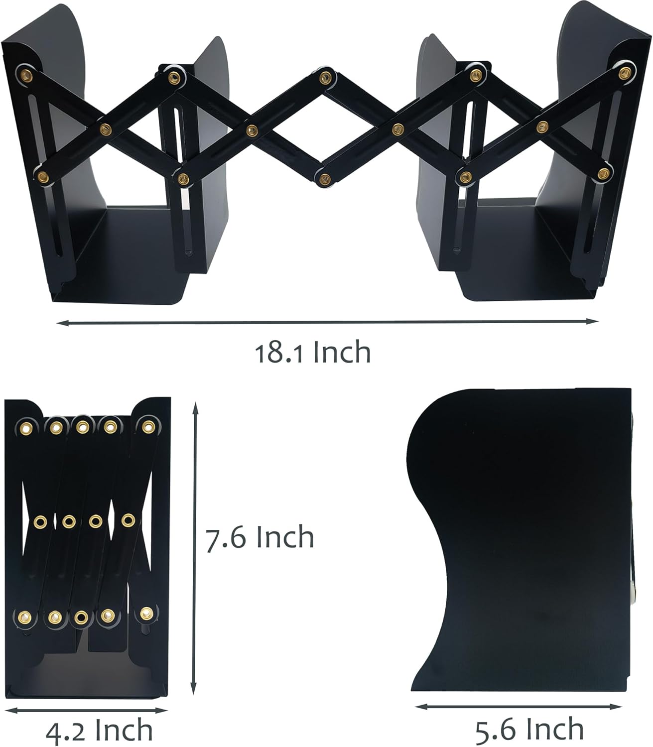 Metal Bookends, Book Ends for Heavy Books, Adjustable Book Holder for Shelves, Book Stopper for Home/School/Office, Extends up to 19 inches, Black - Image 2